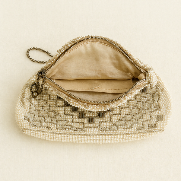 Interior of vintage Art Deco bag with decorative metal zipper